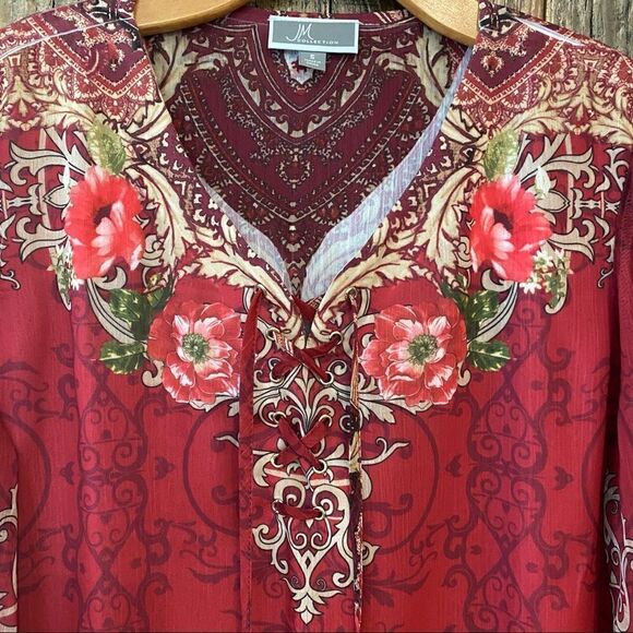 JM Collection Sz S Red Paisley Bohemian Flowy Lightweight Flared Sleeve Blouse - Picture 4 of 7